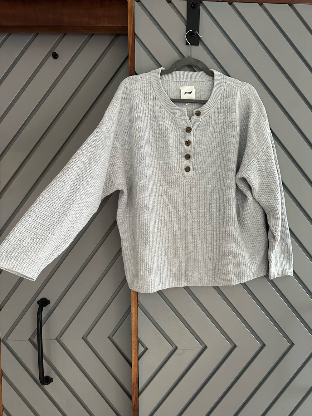 aerie Light Gray Ribbed Henley Pullover Sweater